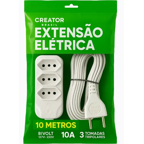 Extensão Elétrica 10 Metros Fio Grosso 3 Tomada 3 Pino Cor Branco Creator Brasil