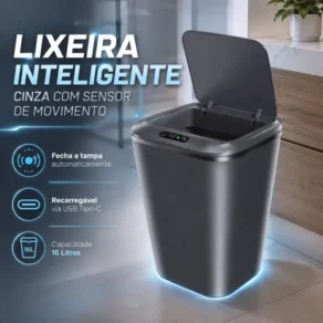 Lixeira Inteligente Automática Cinza Universal com Sensor Recarregável Earman Company Anti Odor 16L Recarregável Usb