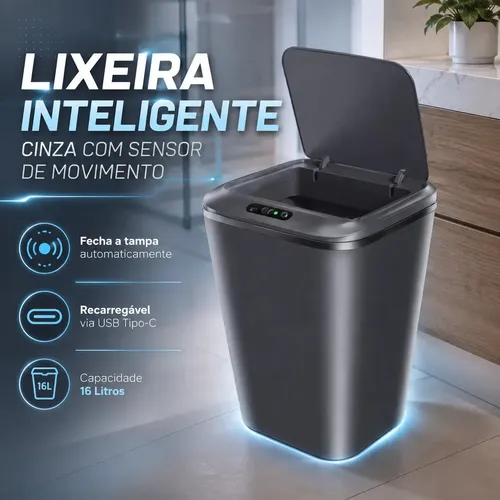 Lixeira Inteligente Automática Cinza Universal com Sensor Recarregável Earman Company Anti Odor 16L Recarregável Usb