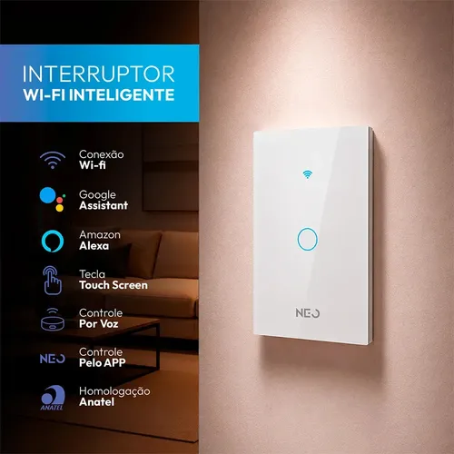 Interruptor Smart Inteligente Wi-Fi 2.4 Ghz Alexa Google 1 Botão 4X2 Bivolt Branco Cod: 291990356 Neo Avant