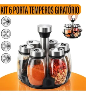 Yab - Porta Tempero de Mesa Saleiro Giratório 6 Potes P/ Condimentos em Vidro e Aço Inox Cozinha
