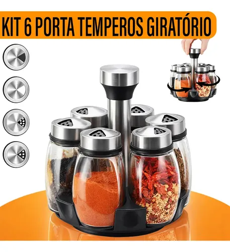 Yab - Porta Tempero de Mesa Saleiro Giratório 6 Potes P/ Condimentos em Vidro e Aço Inox Cozinha