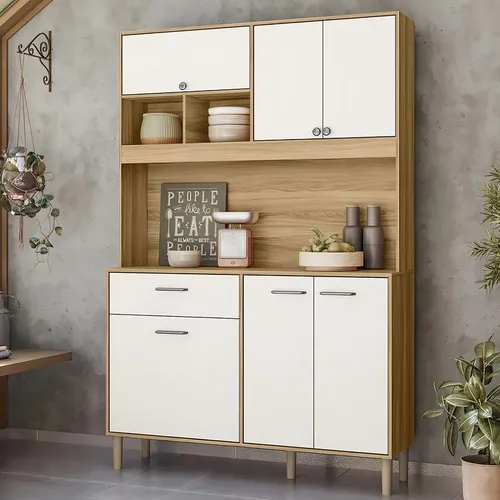 Armario de Cozinha Erva Doce 120 Cm 6 Portas e 1 Gaveta Cor Freijó/Off