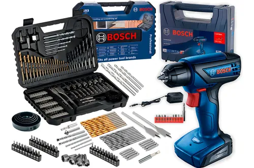 Furadeira Parafusadeira Sem Fio de 6Mm Bosch Gsr 1000 Smart c/ Maleta + Jogo Kit Pontas Brocas 103 Peças Bosch