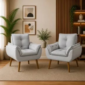 Kit 2 Poltronas Confortável Pés Madeira para Salas Cinza Suede