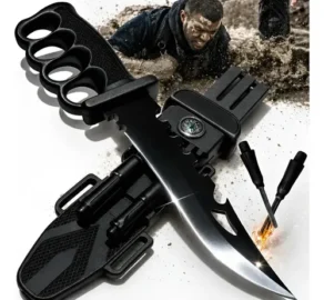 Faca Tática Sobrevivência 33Cm Aço 440C Ultra Afiada com Soco Inglês Bússola Apito Pederneira Afiador Bainha Militar Camping Caça Pesca Trilha Emergência Resgate Selva Outdoor Combate