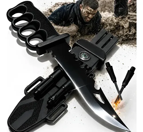 Faca Tática Sobrevivência 33Cm Aço 440C Ultra Afiada com Soco Inglês Bússola Apito Pederneira Afiador Bainha Militar Camping Caça Pesca Trilha Emergência Resgate Selva Outdoor Combate