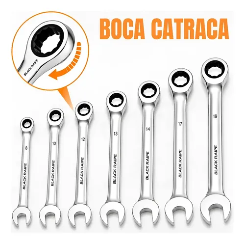 Jogo de Chaves Combinadas com Catraca Black Raipe em Aço Cromo Vanádio 7 Peças