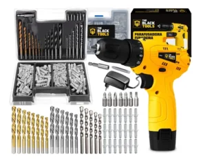 Furadeira Parafusadeira A Bateria 12V 3/8” 10Mm Bivolt 350 Rpm The Black Tools + Jogo de Brocas Bits Buchas c/ 300 Peças