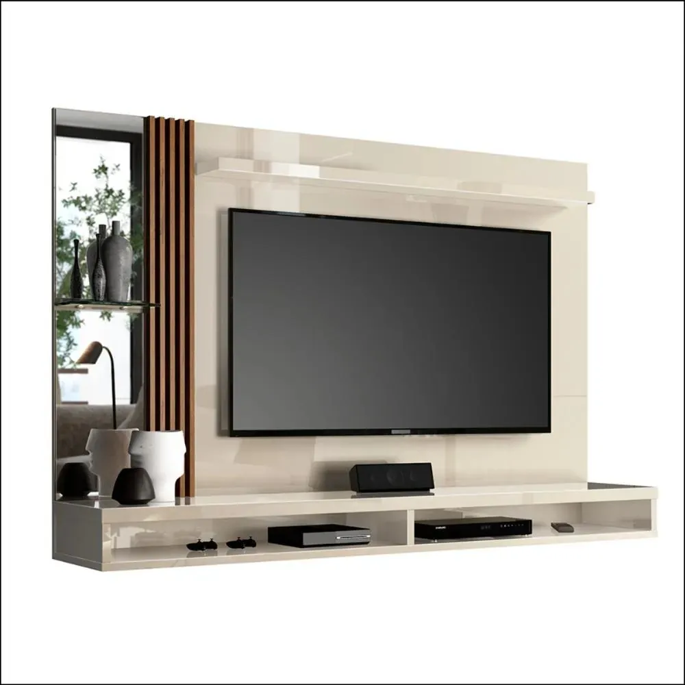 Painel Para Tv Até 55 Polegadas Com Espelho E Lateral Ripada Cor Off White/Naturale
